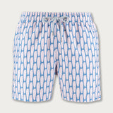 Men's Polka Palms Staniel Swim Shorts in pink and powder blue with delicate palm patterns, elastic waistband, and drawstring closure.