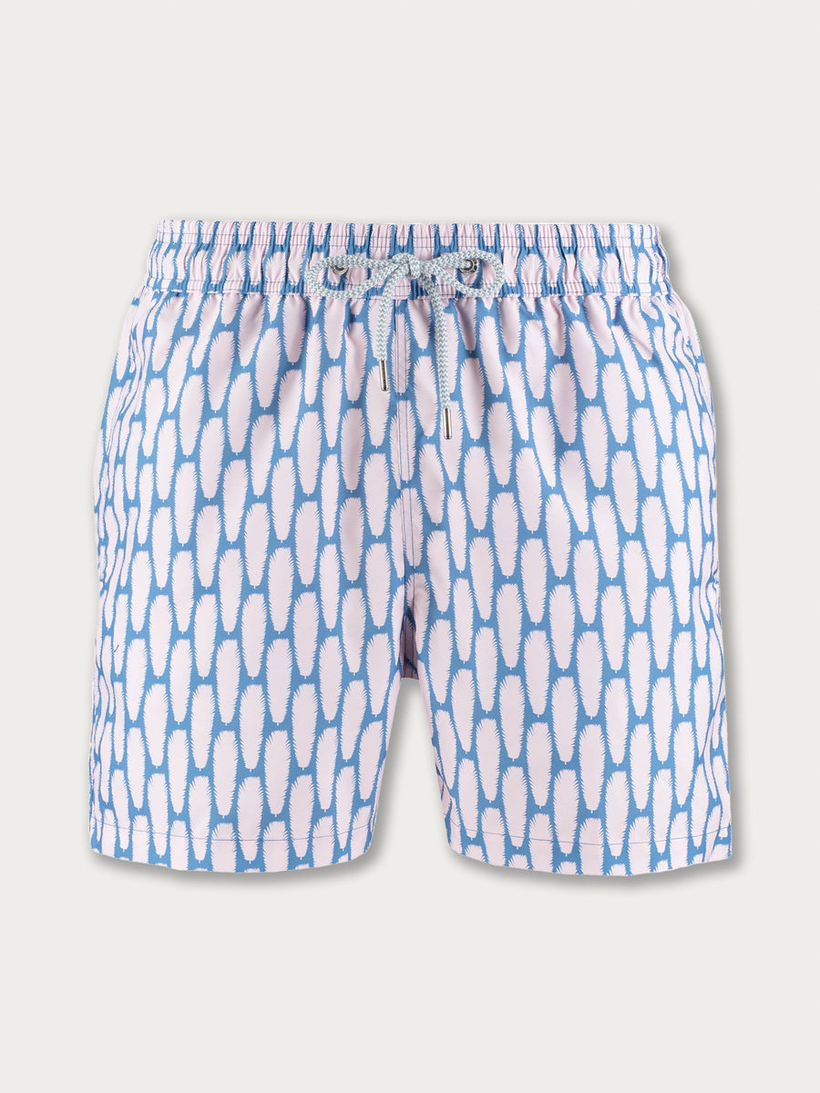 Men's Polka Palms Staniel Swim Shorts in pink and powder blue with delicate palm patterns, elastic waistband, and drawstring closure.