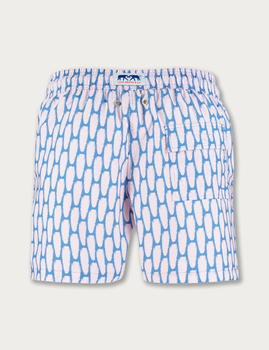 Men's Polka Palms Staniel Swim Shorts in pink and powder blue featuring a delicate palm pattern, made from 100% recycled fabric with quick-dry properties, ideal for beach and poolside wear.