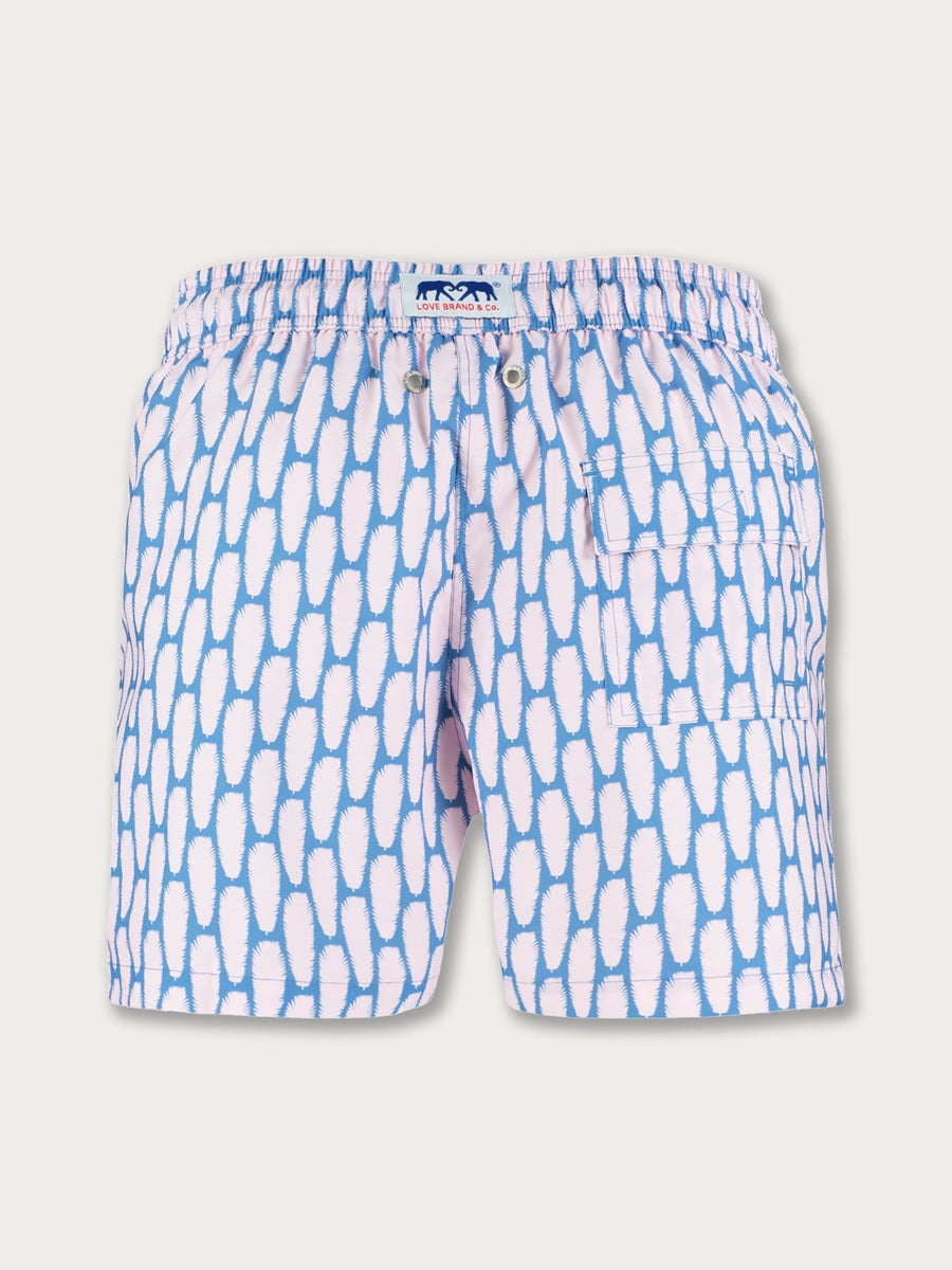 Men's Polka Palms Staniel Swim Shorts in pink and powder blue featuring a delicate palm pattern, made from 100% recycled fabric with quick-dry properties, ideal for beach and poolside wear.