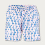 Men's Polka Palms Staniel Swim Shorts in pink and powder blue featuring a delicate palm pattern, made from 100% recycled fabric with quick-dry properties, ideal for beach and poolside wear.