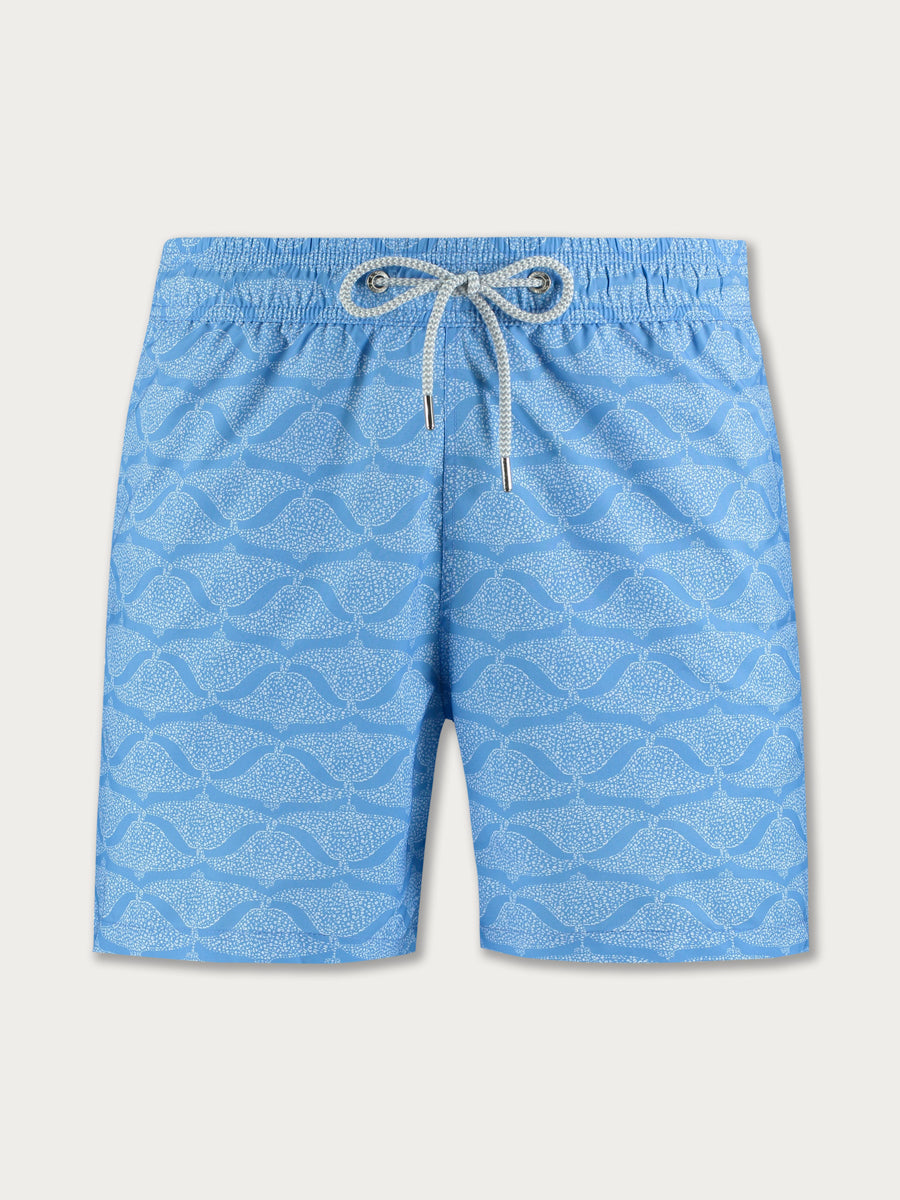 blue mens swim shorts on white background