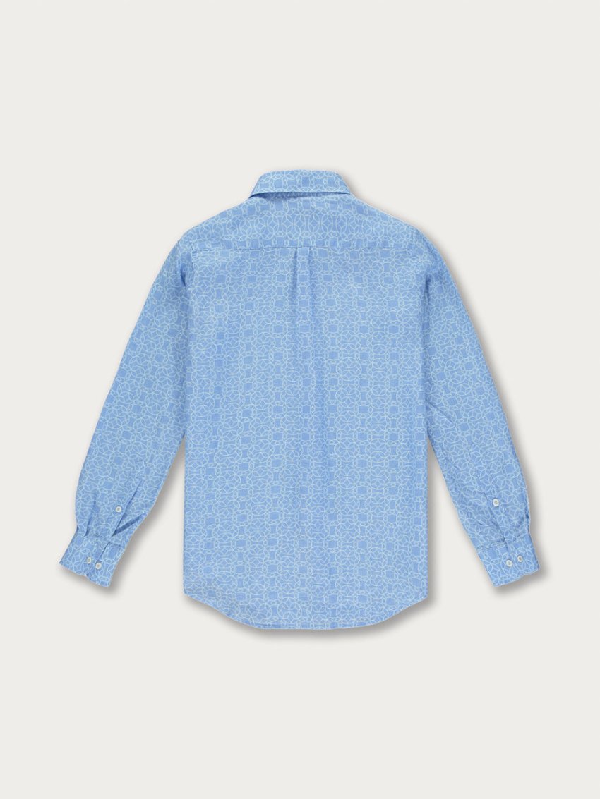 Men’s Regeneration Abaco Linen Shirt in soft blue hues with a Frangipani flower pattern, inspired by the regeneration of ecosystems after hurricanes.