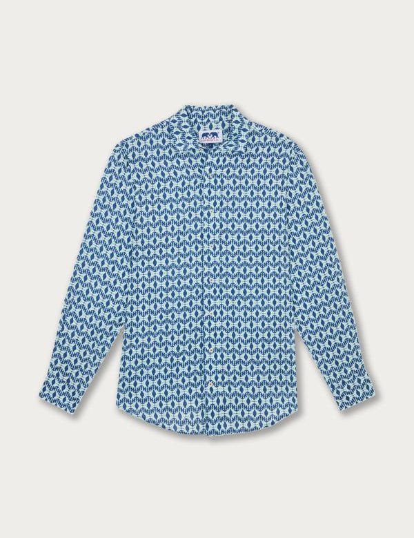 Men's Shark Sanctuary Abaco Linen Shirt, featuring a pattern of swimming shark silhouettes creating an illusion of shark jaws in shades of blue, crafted from 100% premium linen for a lightweight and breathable fit.