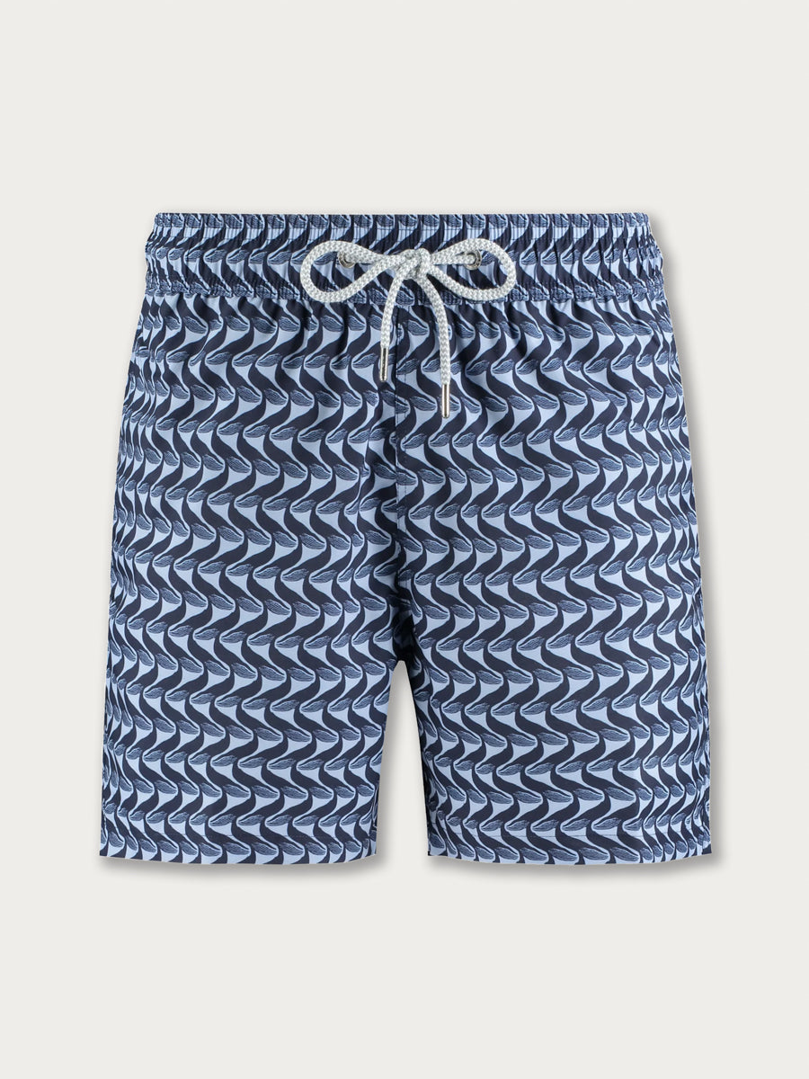 Blue swim shorts with whale pattern