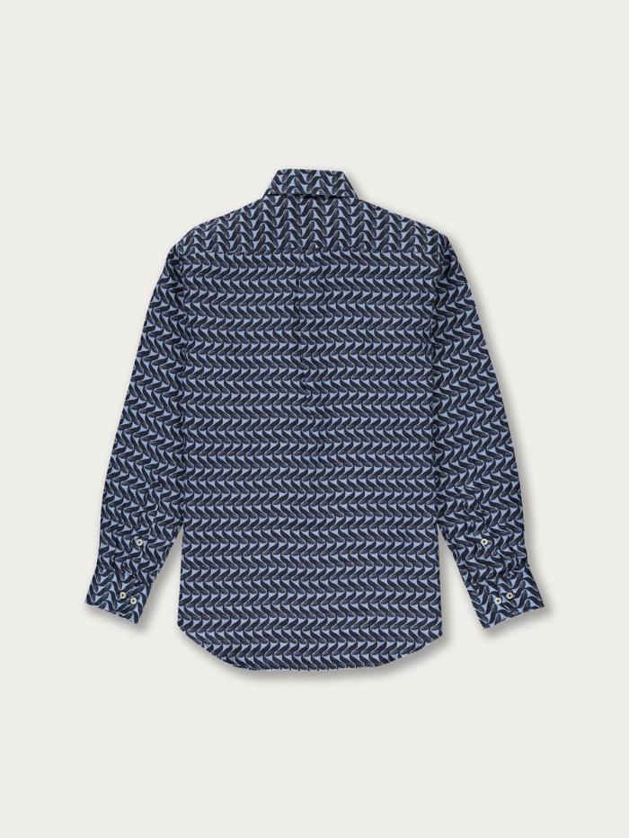 Men's Whale of a Time Abaco Linen Shirt, showing the back view with a deep blue ocean-inspired interlocking hidden whale pattern, made from 100% soft, breathable linen.