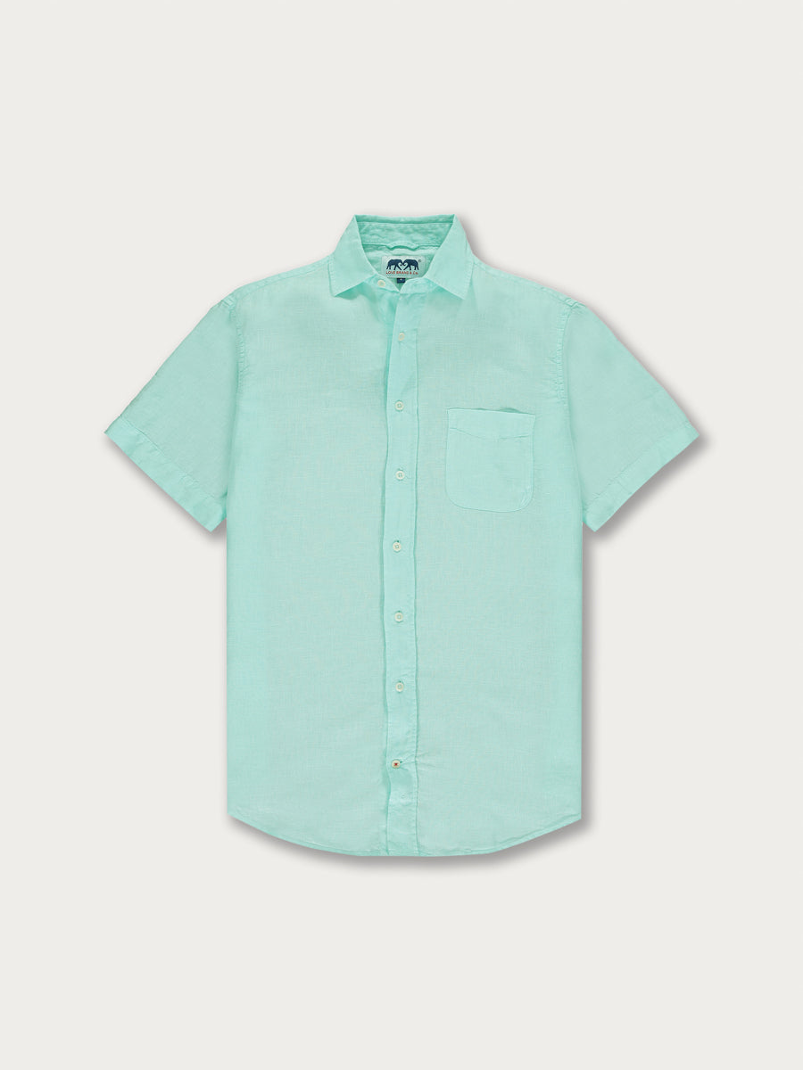 A light aqua green linen shirt with short sleeves, a collar, and a front pocket.