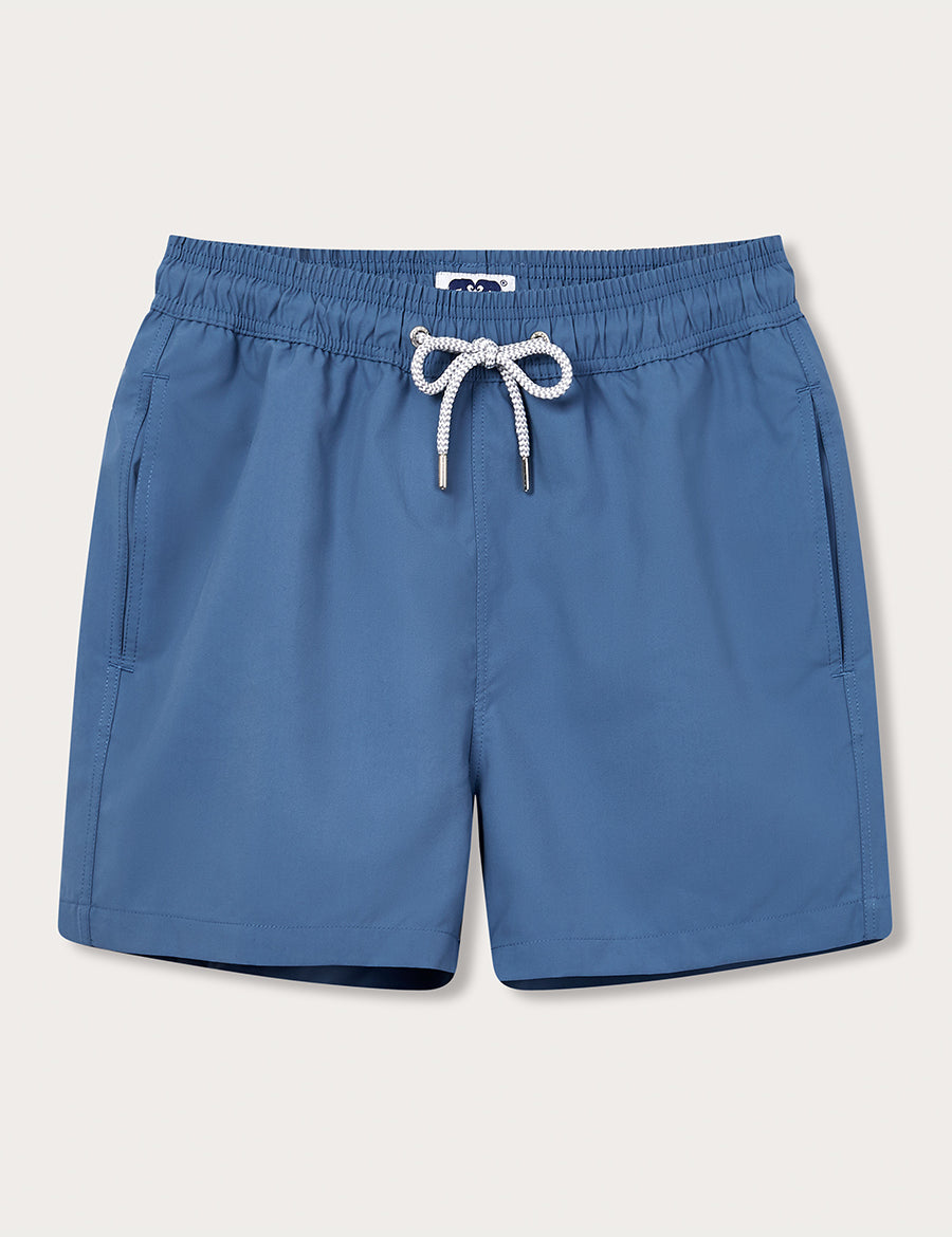 Men's Chambray Staniel Swim Shorts in Mediterranean blue with an adjustable drawstring waistband and side pockets.