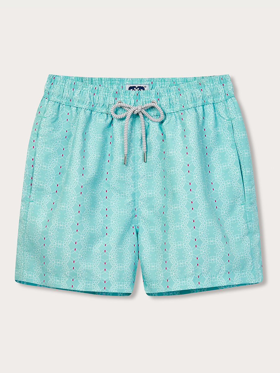 front view of blue turtles swim shorts for men with drawstring waist and pockets