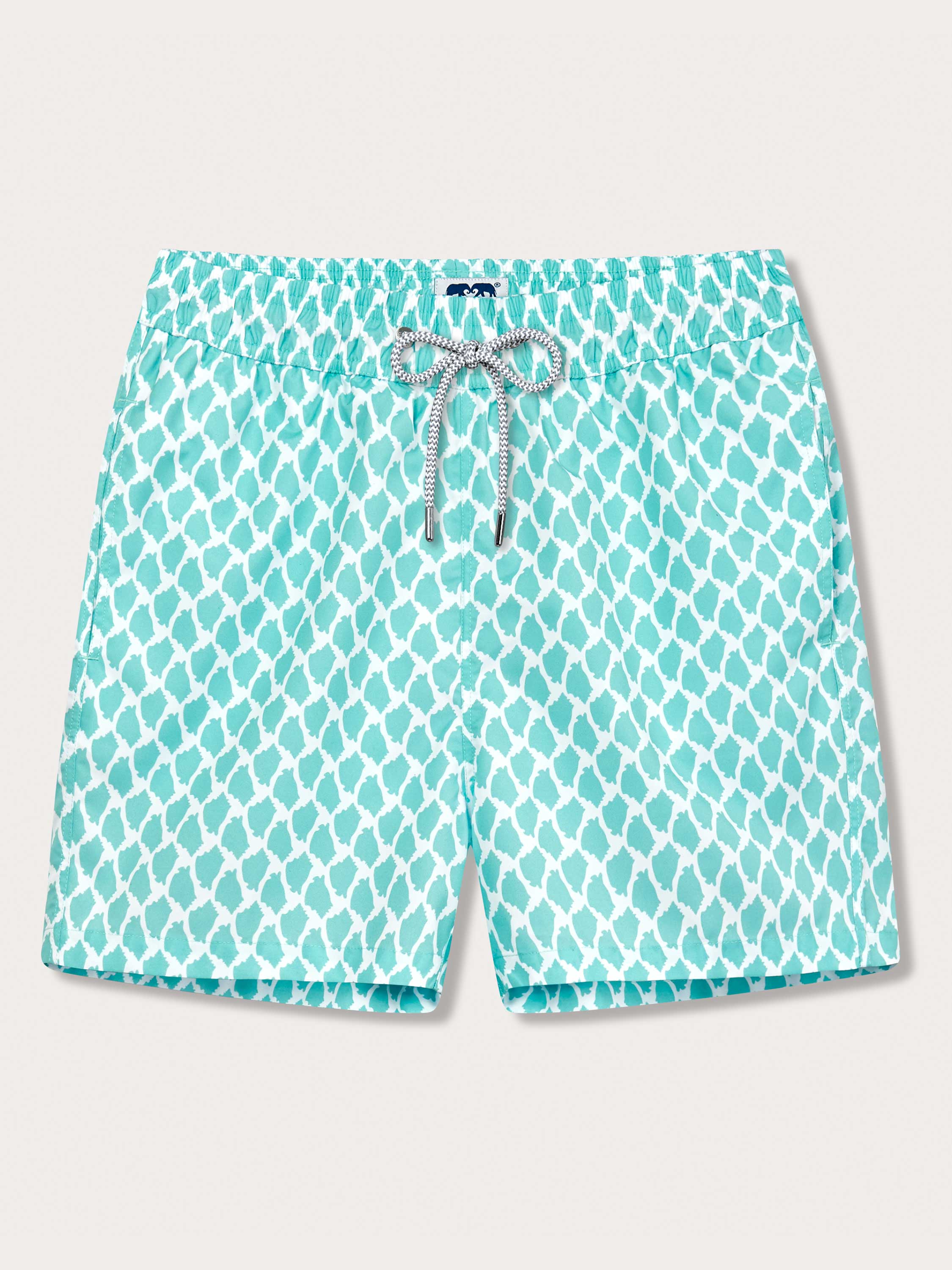 A pair of men's swim shorts with a geometric conch shell print in blue and white colors, featuring a drawstring waist.