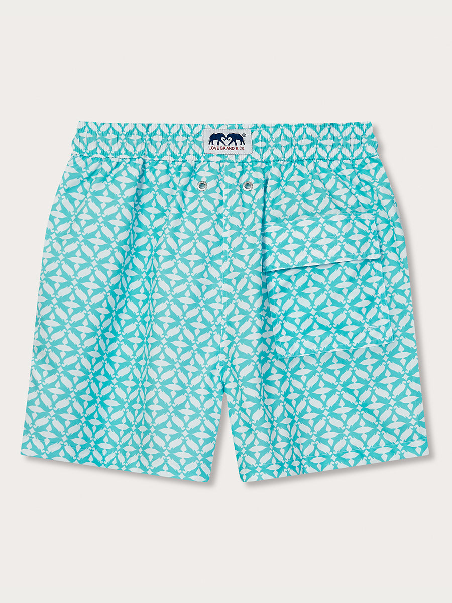 Men's Dolphin Delirium Staniel Swim Shorts in aqua green with a print of jumping dolphins.