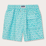 Men's Dolphin Delirium Staniel Swim Shorts in aqua green with a print of jumping dolphins.