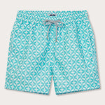 Men's Dolphin Delirium Staniel Swim Shorts with aqua green dolphin print inspired by bottlenose dolphins in the Mediterranean Sea.