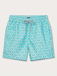 Men's Dolphin Delirium Staniel Swim Shorts with aqua green dolphin print inspired by bottlenose dolphins in the Mediterranean Sea.