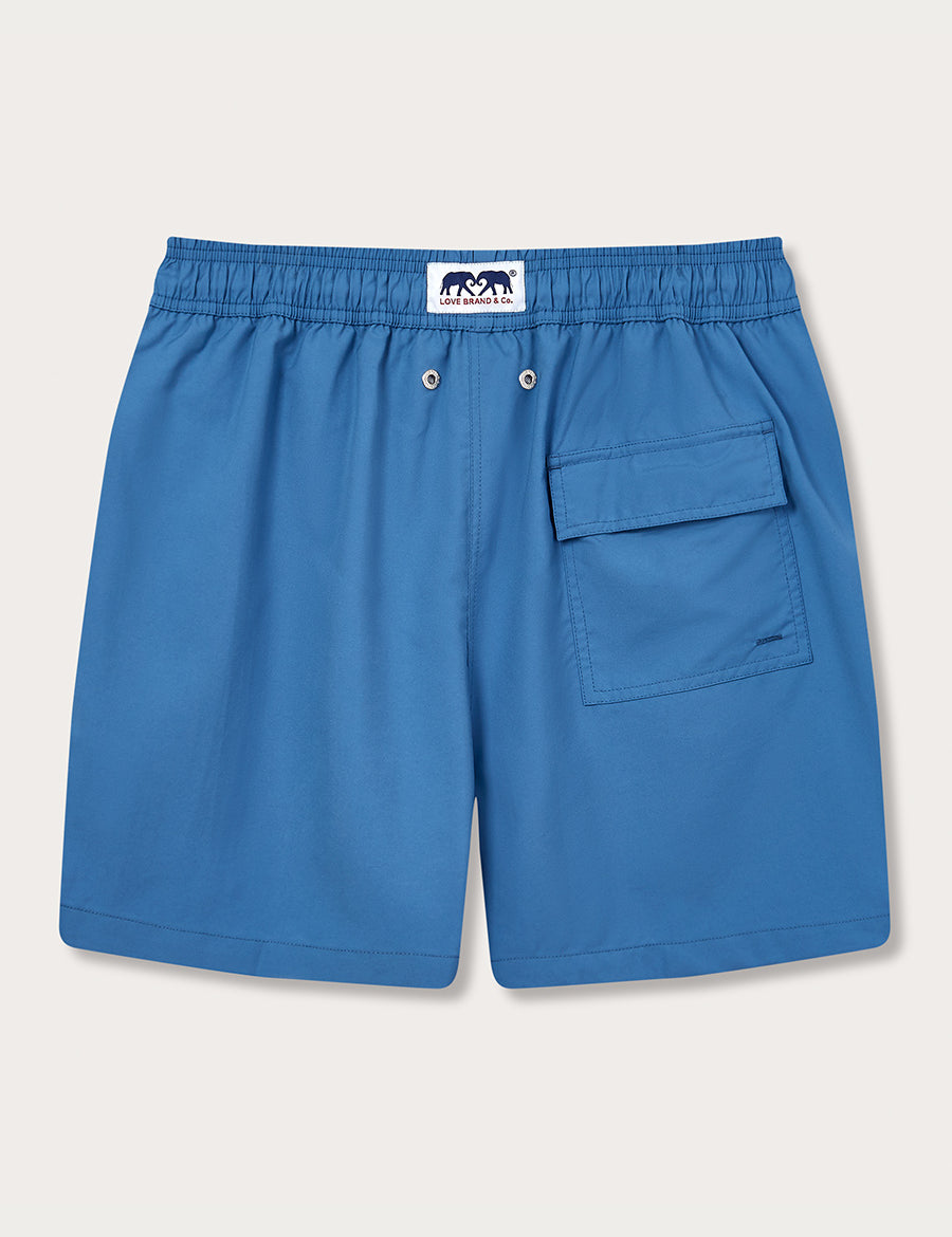 Men's French Blue Staniel Swim Shorts made from lightweight, quick-drying 100% recycled fabric.