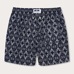 Men's Going Gecko Staniel Swim Shorts with intricate line drawing print inspired by the Union Island Gecko conservation efforts.