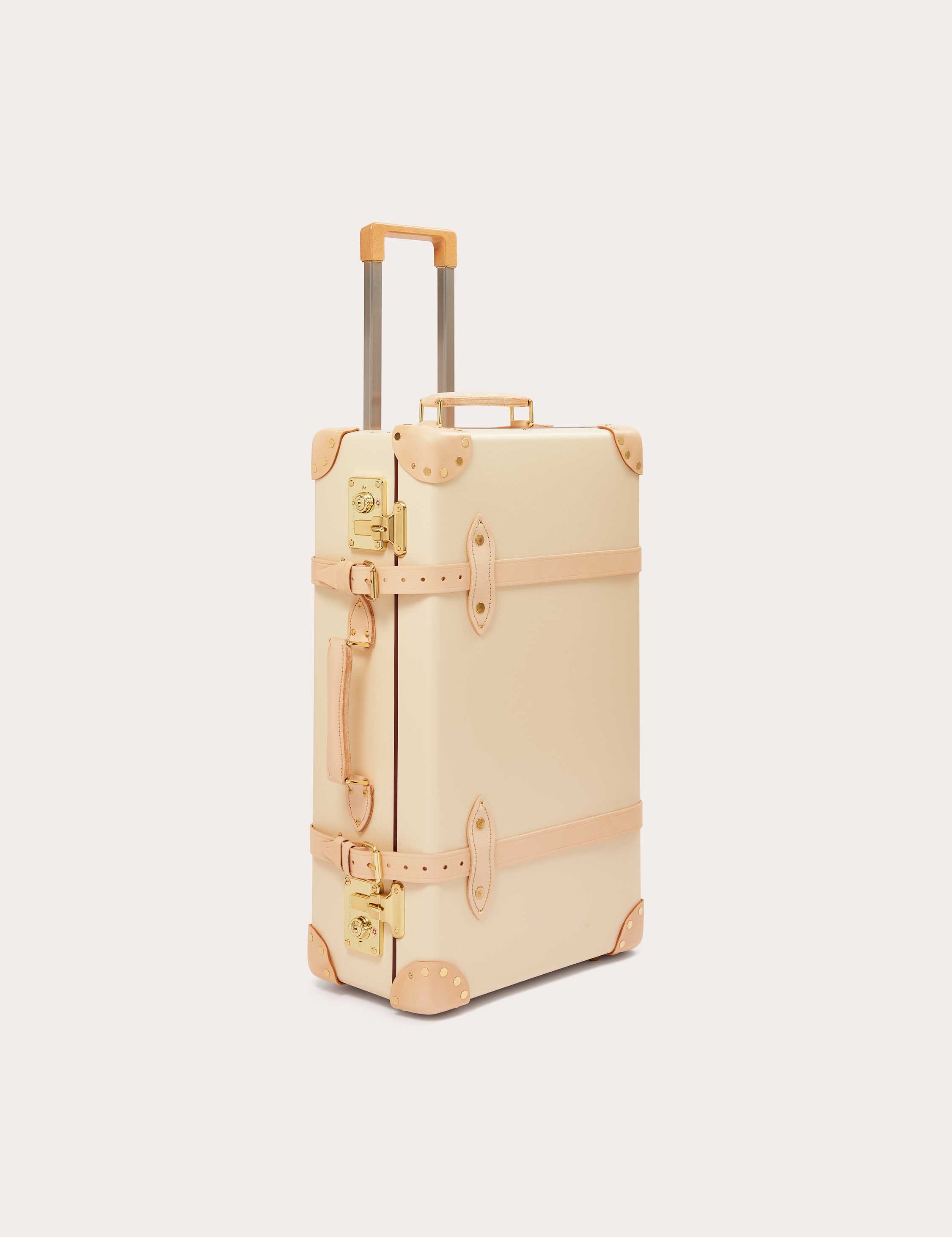 Globe-Trotter Safari 26" Trolley Case, beige color with tan leather straps, sturdy handle, and gold latches, designed in collaboration with LOVE BRAND & Co., featuring the 'Elephant Palace' print lining.