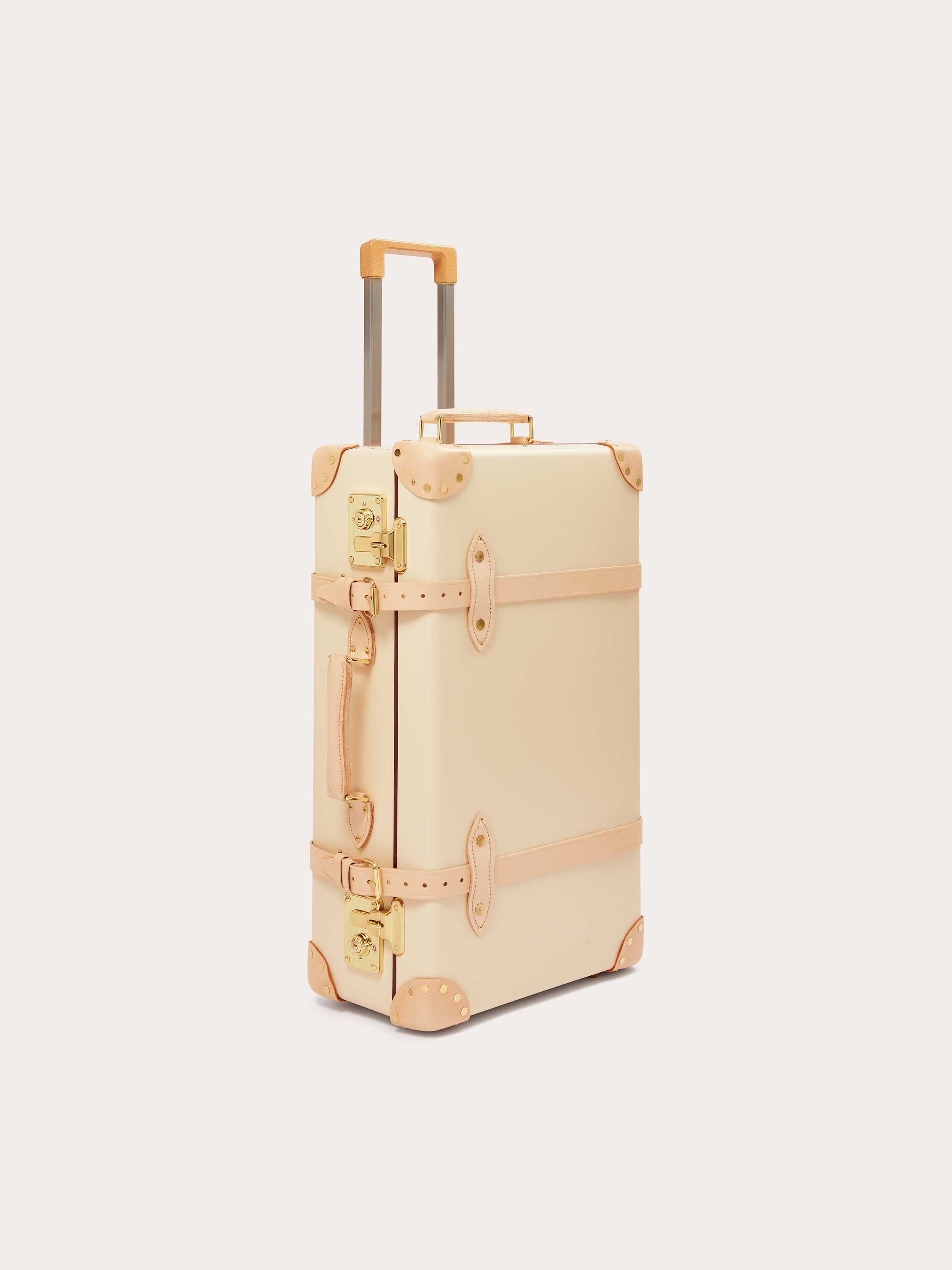 Globe-Trotter Safari 26" Trolley Case, beige color with tan leather straps, sturdy handle, and gold latches, designed in collaboration with LOVE BRAND & Co., featuring the 'Elephant Palace' print lining.