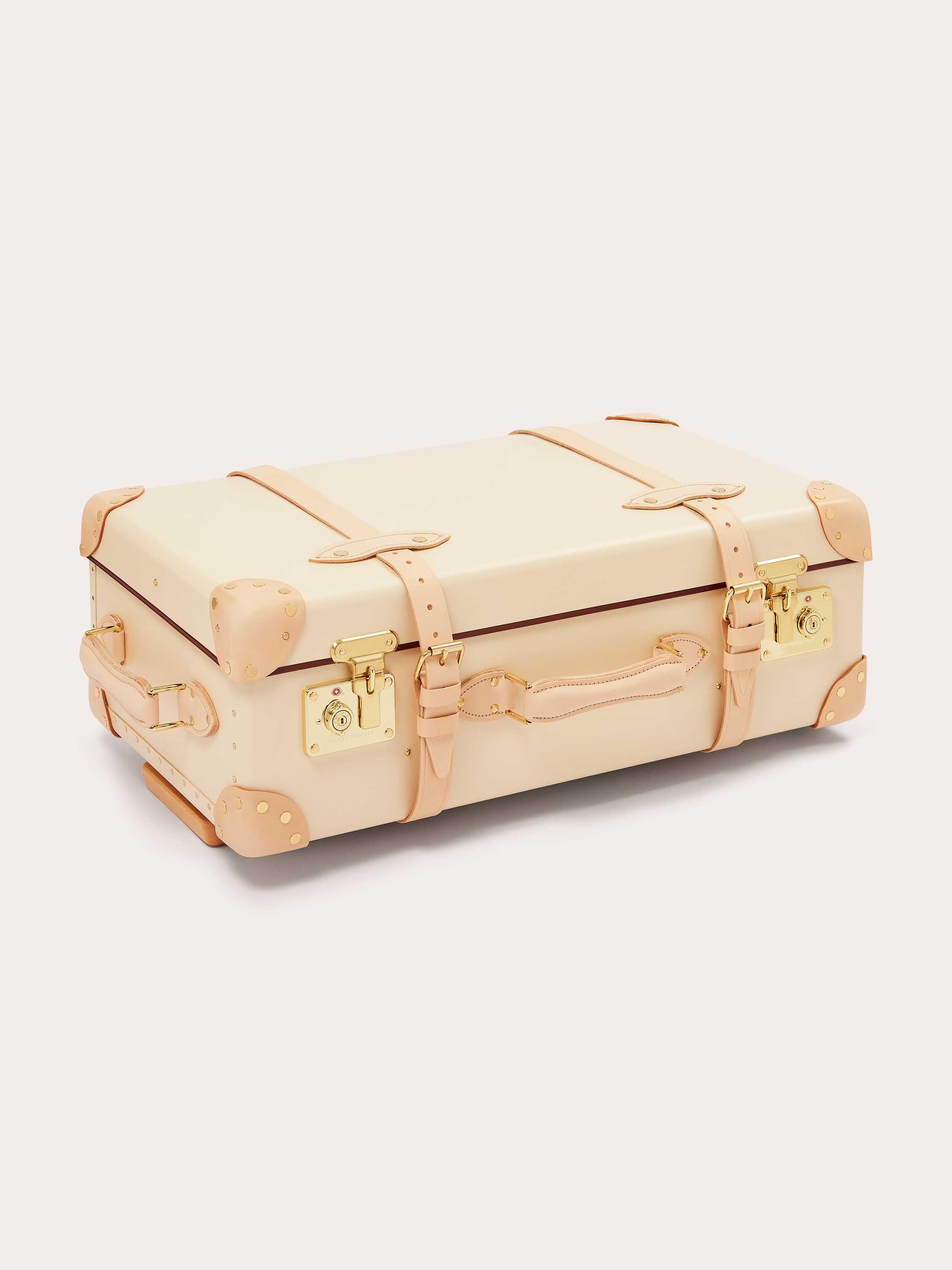 Globe-Trotter Safari 26" Trolley Case by LOVE BRAND & Co., beige with leather straps and handles, featuring limited edition design.