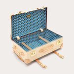 Globe-Trotter Safari 26" Trolley Case with LOVE BRAND & Co.'s 'Elephant Palace' print lining, beige exterior, leather straps, and brass hardware.