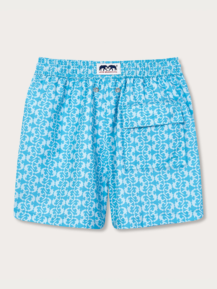 Back view of mens swim shorts with shark print