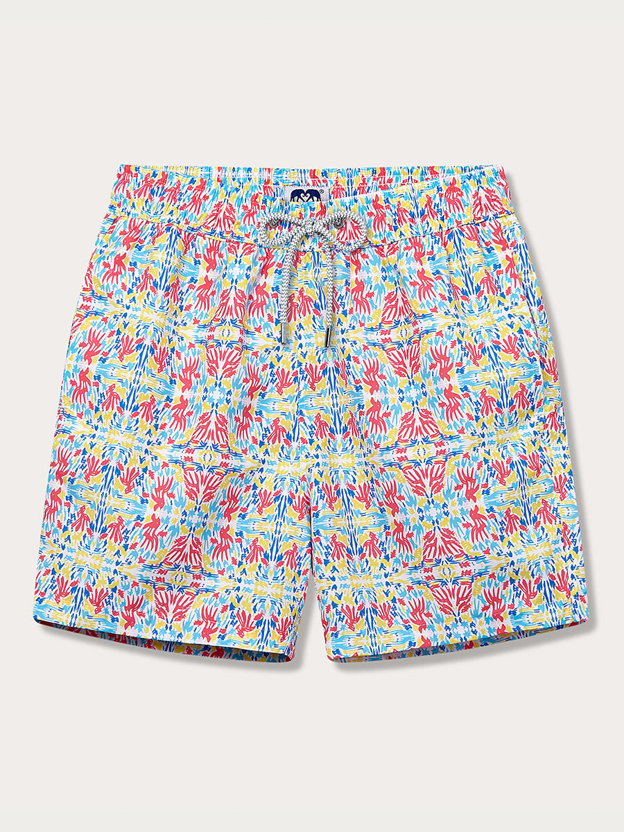 A pair of men's swim shorts with a colorful kaleidoscope pattern featuring coral and seaweed motifs.