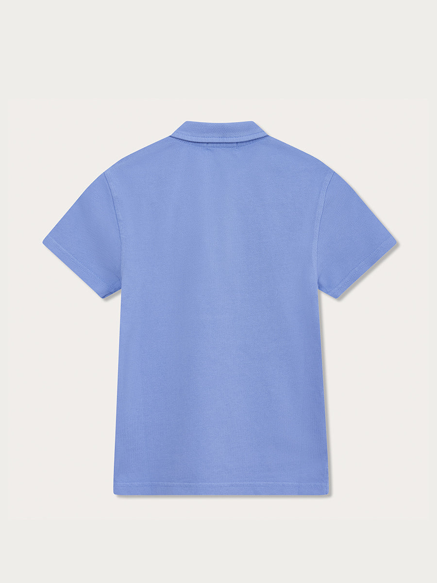 Boys Ocean Blue Pensacola Polo Shirt made of 100% Fine Organic Cotton, back view.