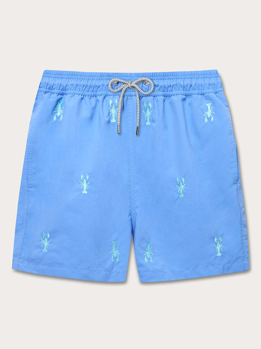 Men's Lazy Lobsters Embroidered Staniel Swim Shorts in Ocean Blue with Cay Green lobster motifs and a drawstring waist.