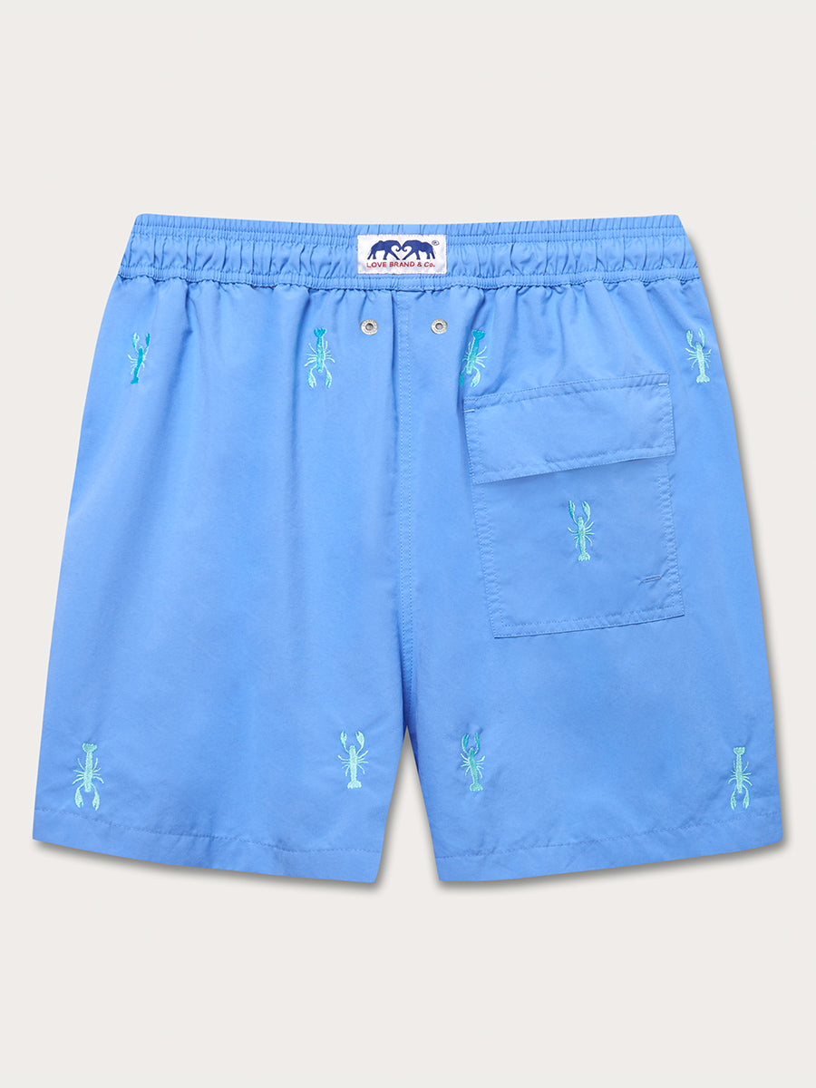 Men's Lazy Lobsters Embroidered Staniel Swim Shorts in Ocean Blue with Cay Green lobster motifs, 100% recycled Quick-Dry polyester.