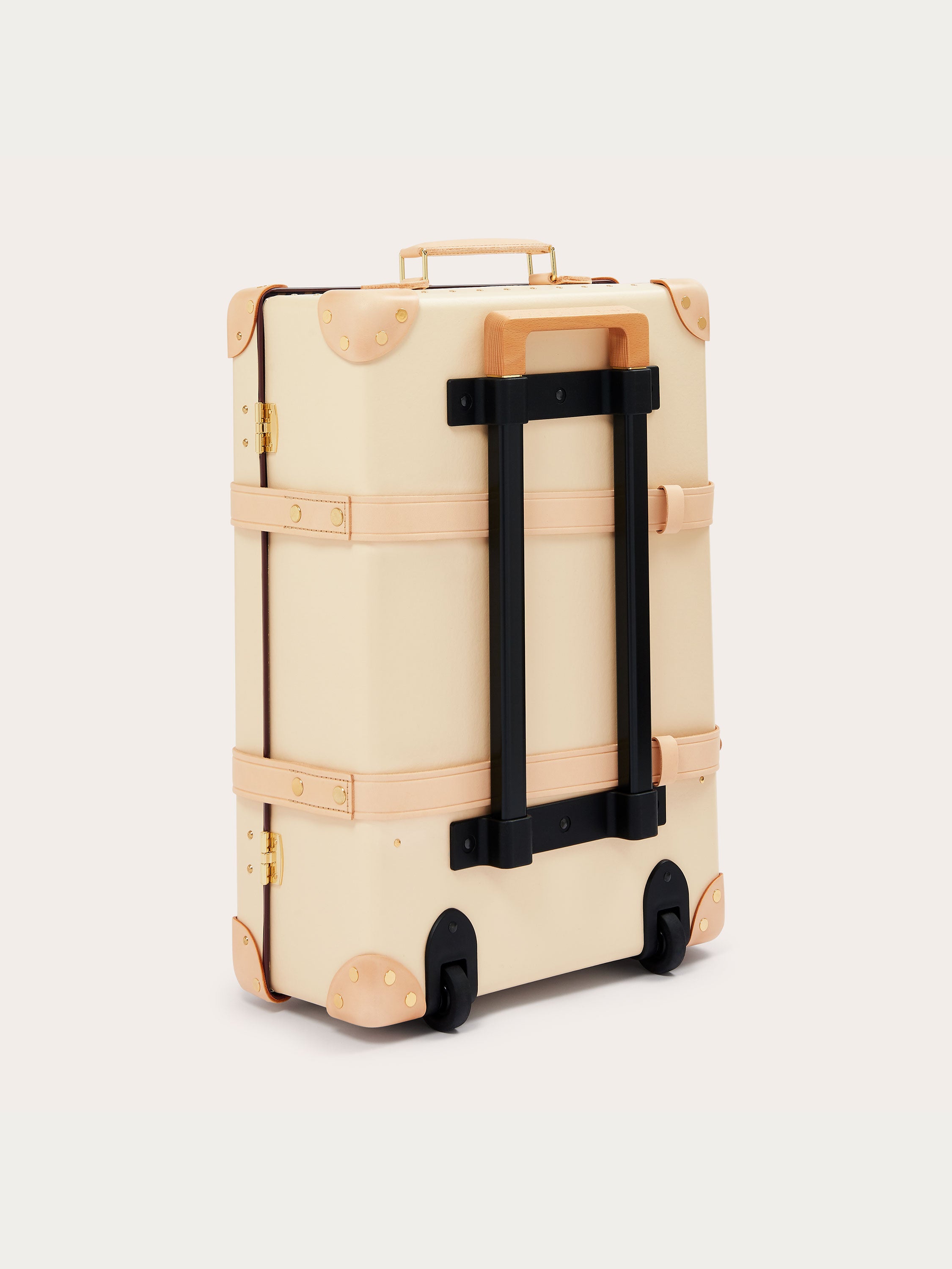 Globe-Trotter Safari 20" Trolley Case in cream with tan leather details and black handle, designed in collaboration with LOVE BRAND & Co.