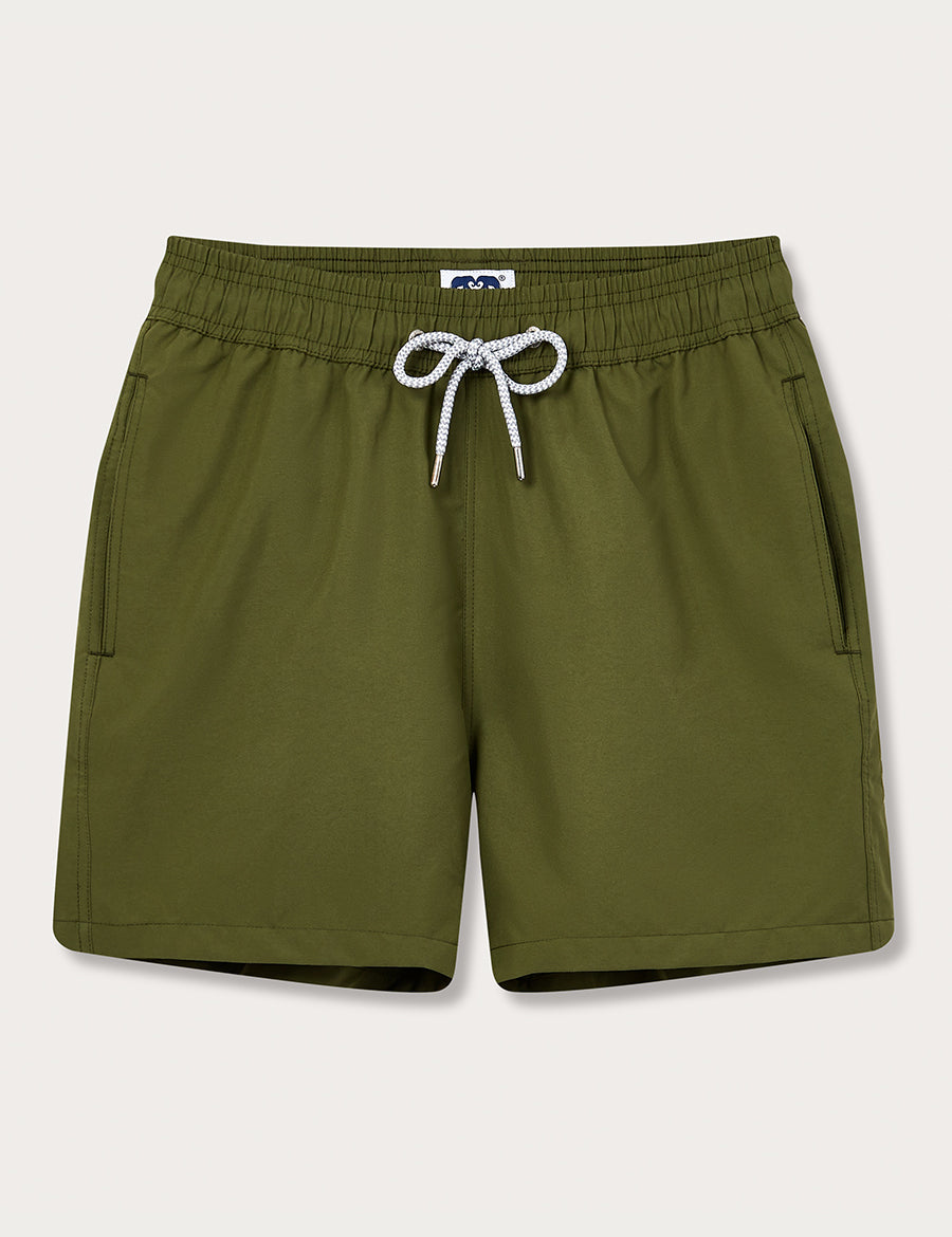 Men's Olive Staniel Swim Shorts with drawstring waist front view.