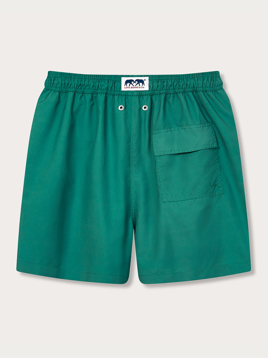 Men's Palm Green Staniel Swim Shorts made from sustainable, quick-drying recycled plastic, featuring a comfortable elastic waistband, back pocket, and signature branding.