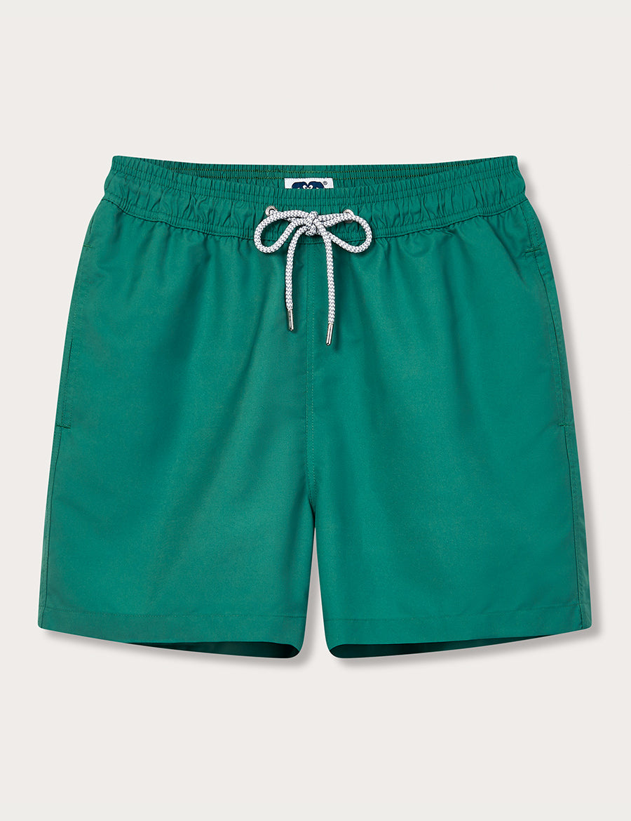 Men's Palm Green Staniel Swim Shorts made from quick-drying recycled plastic, featuring an elastic waistband with a drawstring and signature branding on the back.