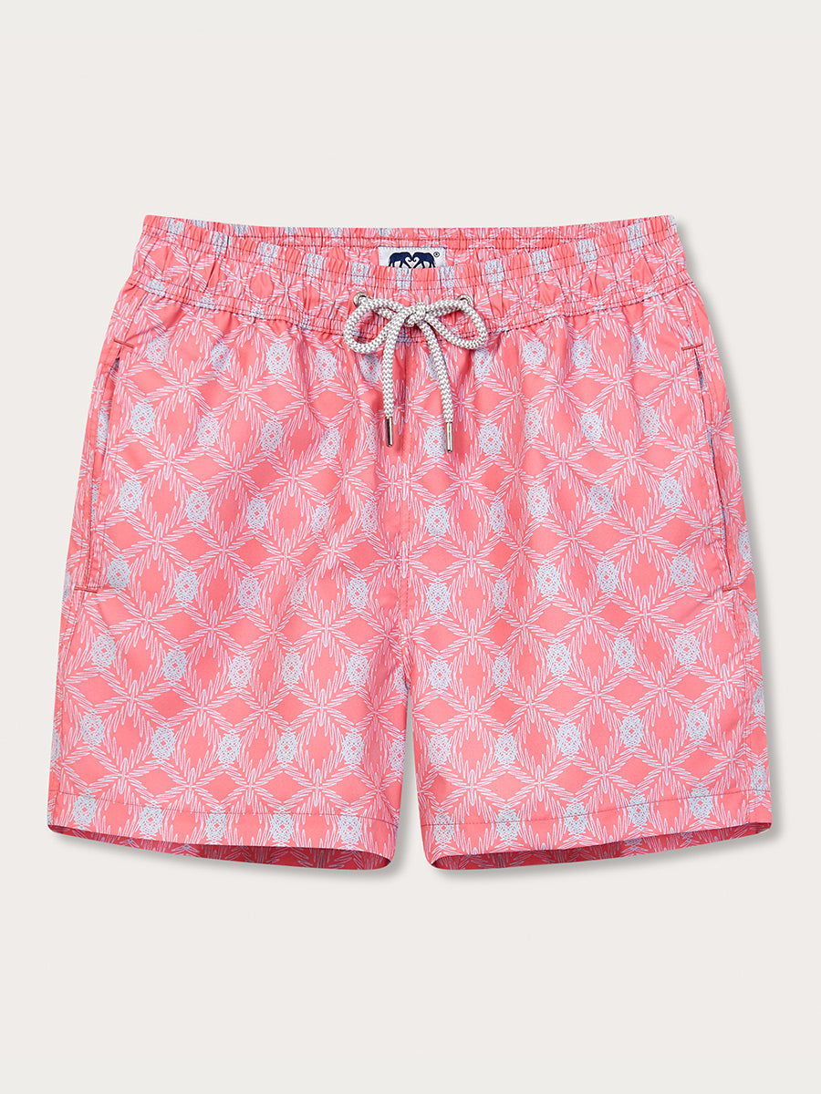 A pair of pink and white checkered swim shorts with a drawstring waistband.