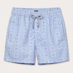 Men's Regeneration Staniel Swim Shorts in light blue with white floral pattern, crafted from 100% recycled plastic, inspired by the regeneration of ecosystems after Hurricane Irma.