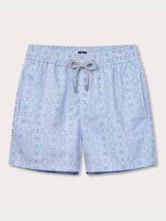 Men's Regeneration Staniel Swim Shorts in light blue with white floral pattern, crafted from 100% recycled plastic, inspired by the regeneration of ecosystems after Hurricane Irma.