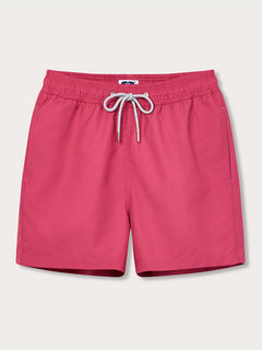 Men's Ruby Red Staniel Swim Shorts with drawstring, crafted from 100% recycled plastic. Sustainable and sophisticated design suitable for beach or poolside.