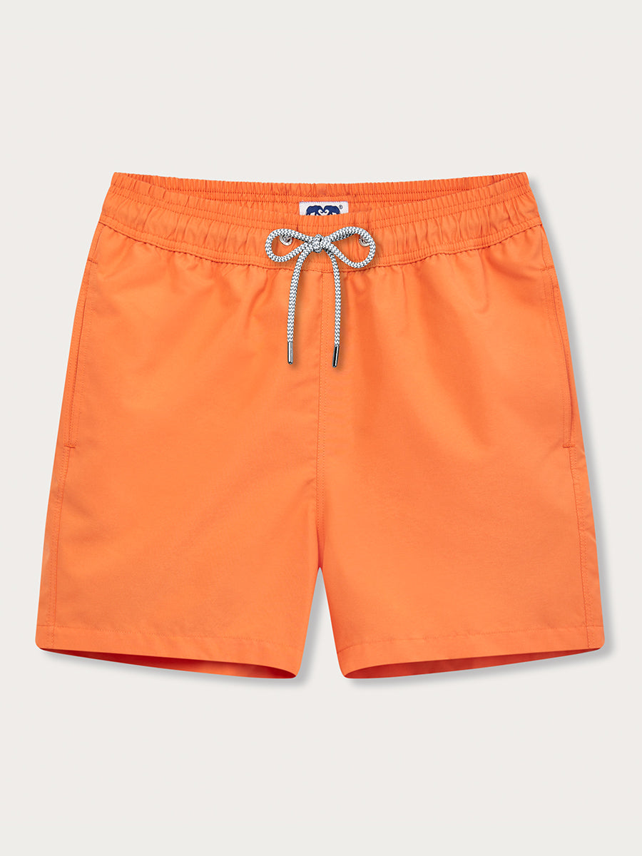 Men's Tangerine Staniel Swim Shorts featuring an elastic waistband and drawstring, designed for a vibrant and stylish summer look.