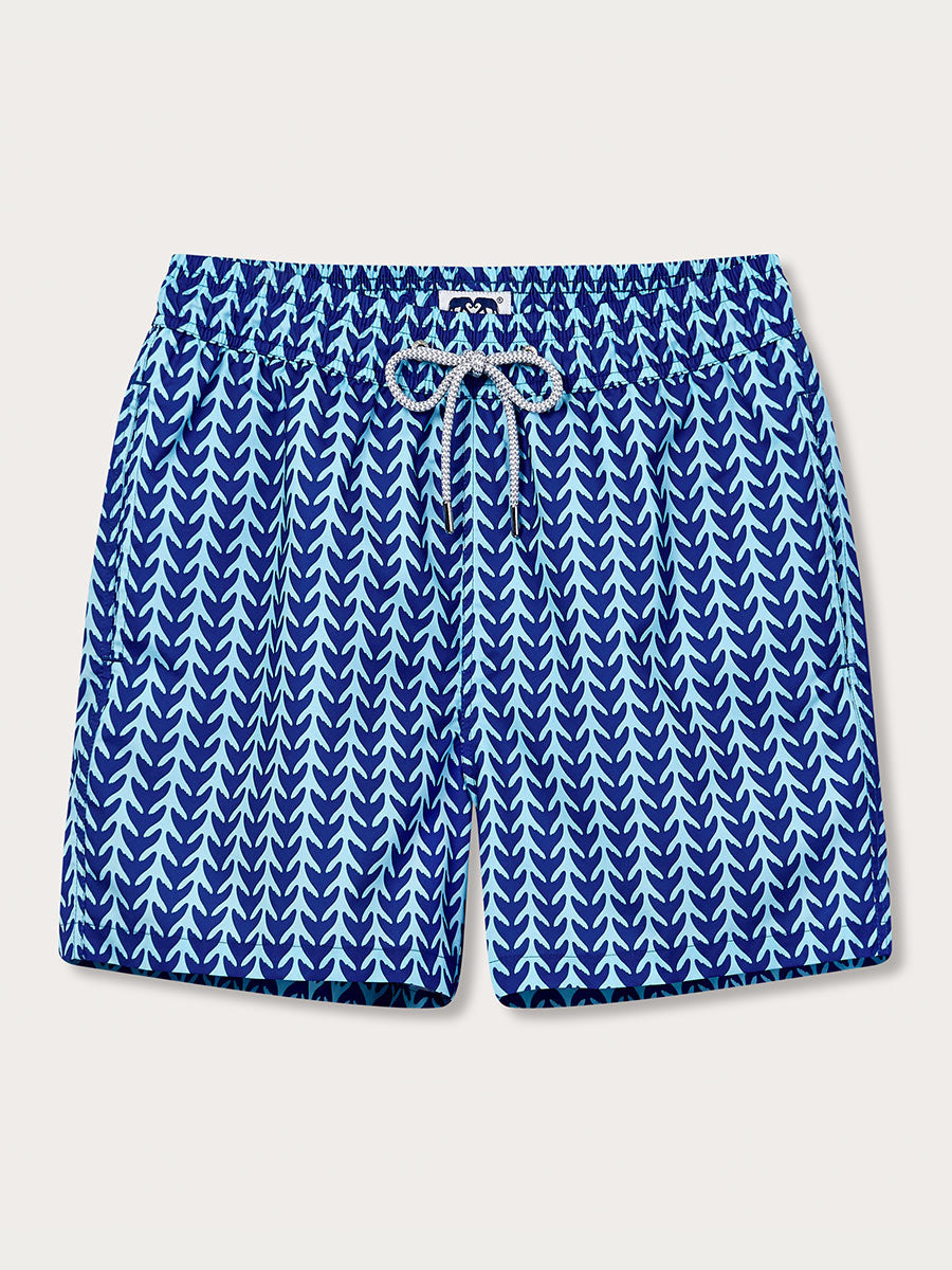 A pair of blue and white checkered swim shorts with a drawstring waist.